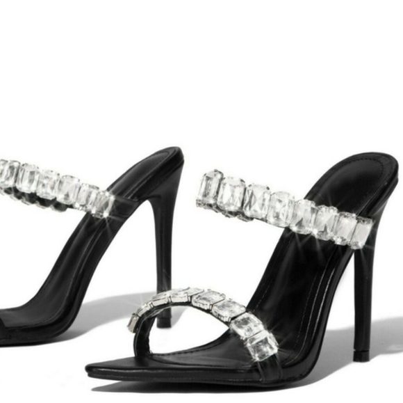 CapeRobbin Double Strap Rhinestone Heel Mule Black - Picture 8 of 9